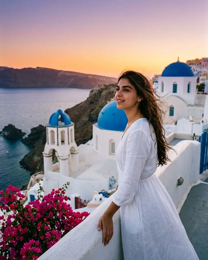AI example of a woman on a whitewashed terrace above blue domes at sunset