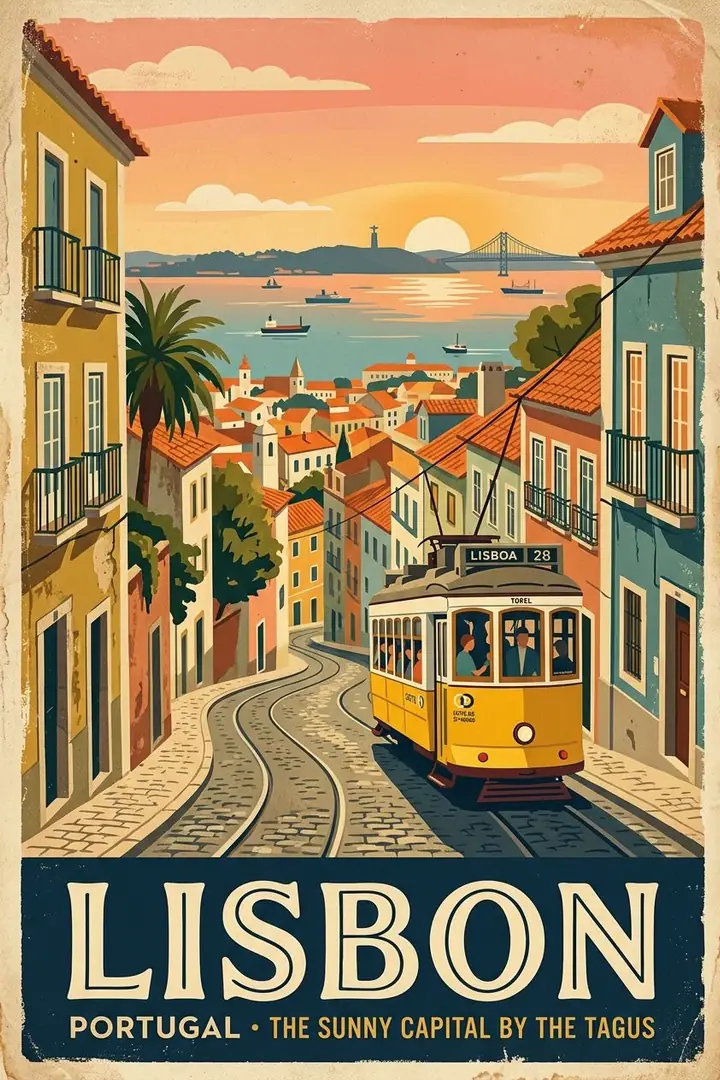 AI example of a mid-century style vintage travel poster for Lisbon with a yellow tram